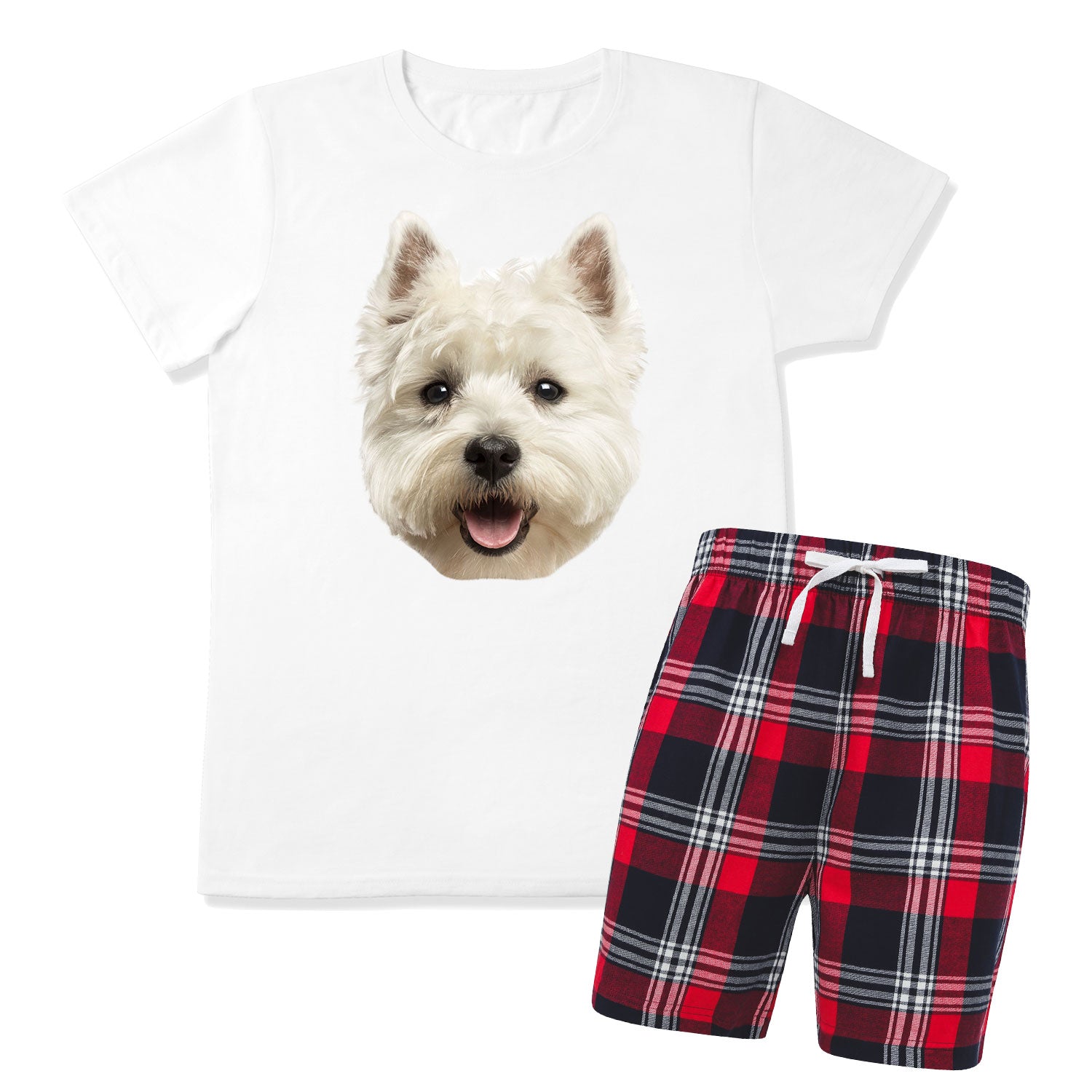 Men s Dog Face Pyjamas Red Tartan Shorts Set